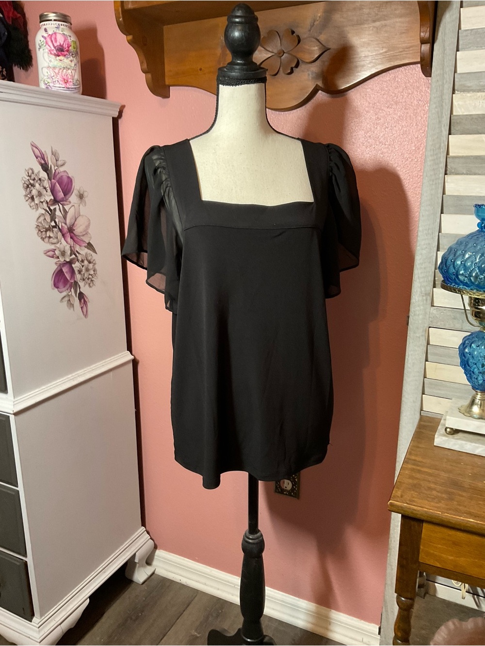 Calvin Klein Black Square Neck Flutter Sleeve Blouse